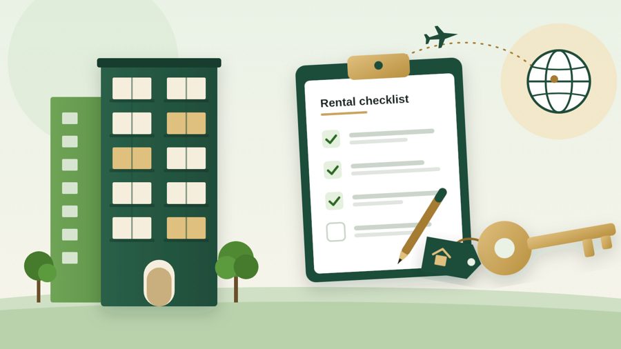 Illustration of an apartment, rental checklist and house keys