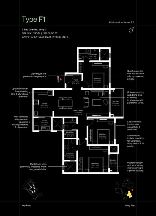 3 BHK Grande floor plan, Type F1