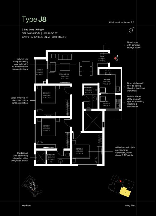 3 BHK Luxe floor plan, Type J8